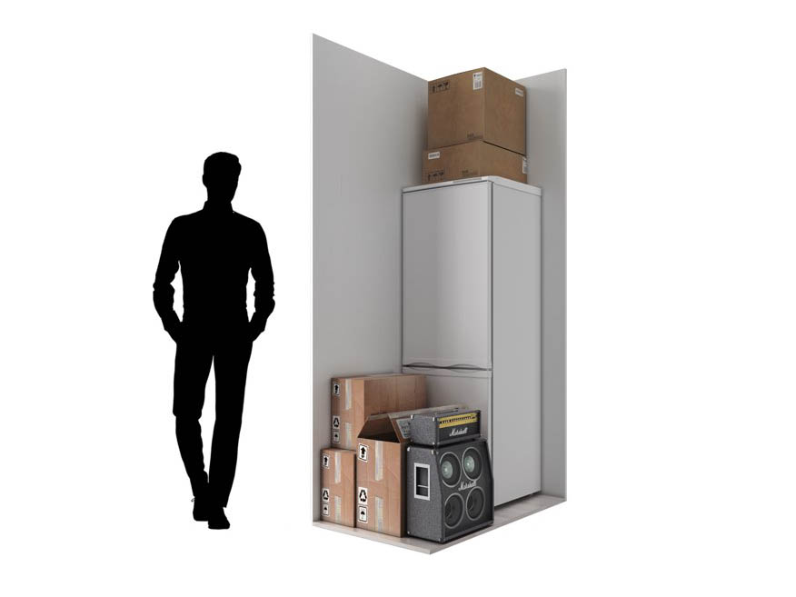 Visuel d'un box de stockage de 1m2 rempli de cartons et d'un frigo